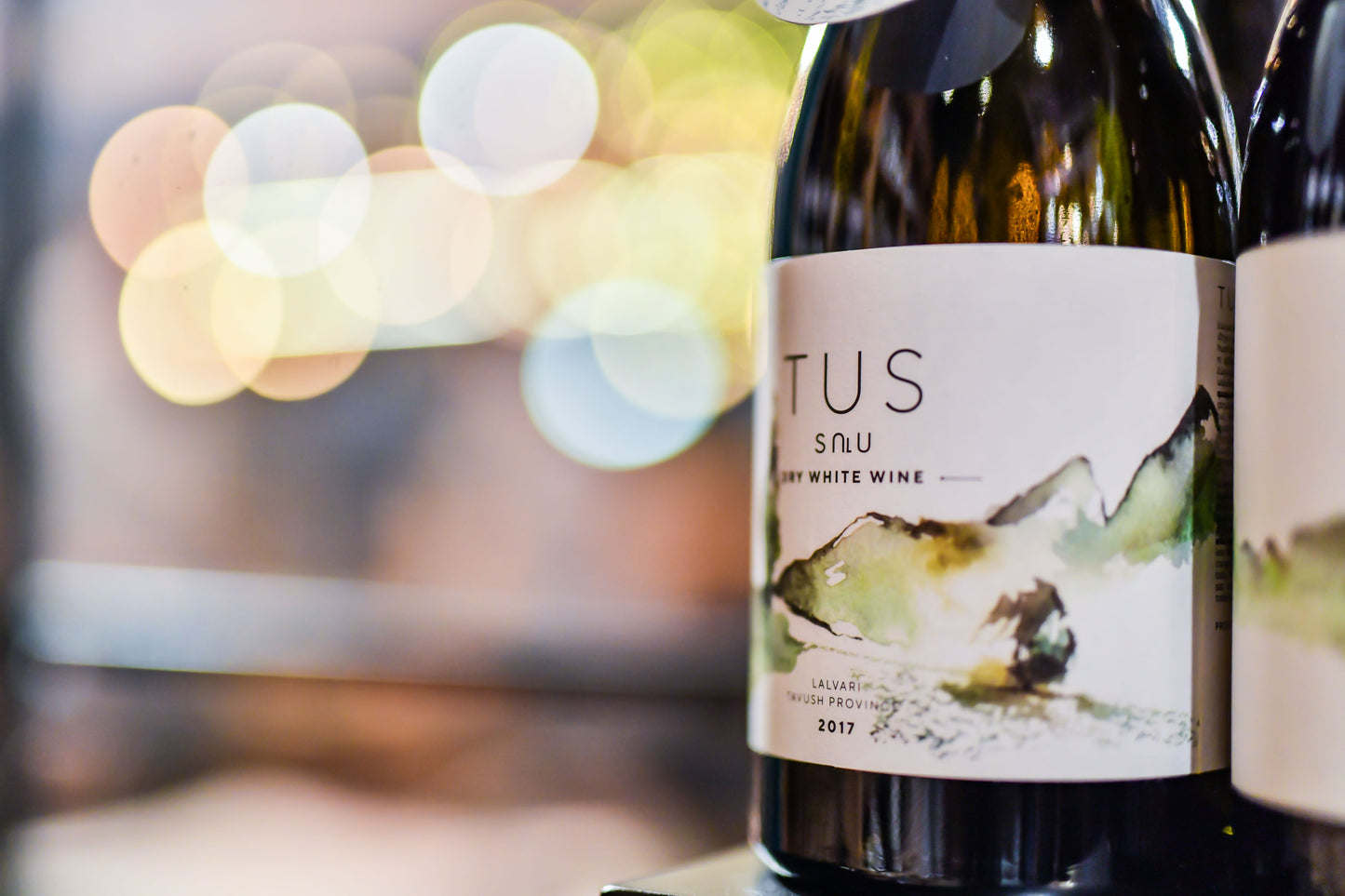 Bottle of TUS Dry White Wine 2017 displayed upright with soft bokeh lights in the background, emphasizing the label design.