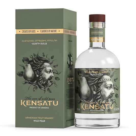 Bottle of Kensatu Wild Pear Fruit Brandy, 750 mL Gold Edition, featuring minimalist Armenian label design and premium glass packaging.