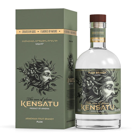Kensatu Plum Fruit Brandy in 750 mL Gold Edition bottle, featuring elegant Armenian label and deep plum spirit crafted with traditional distillation.