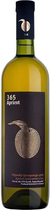 365 Apricot semi-sweet fruit wine bottle with minimalist black label and golden apricot illustration.