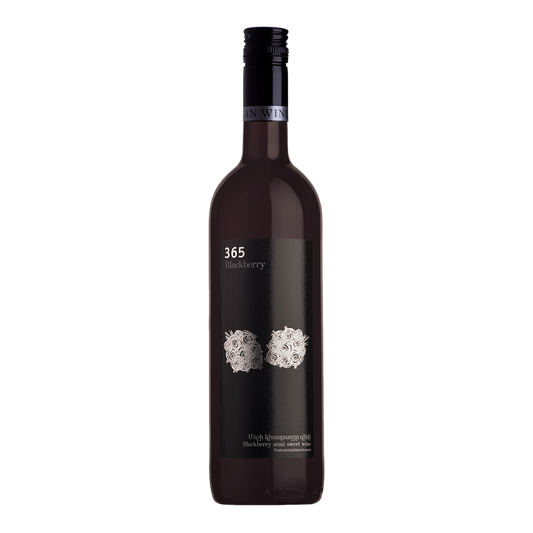 365 Blackberry semi-sweet fruit wine bottle with minimalist black label and white berry illustration.