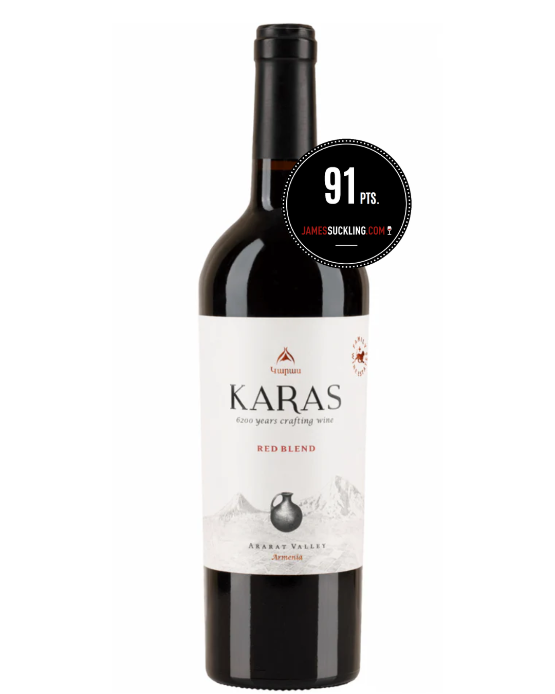 Karas Red Blend wine bottle featuring Armenian volcanic terroir label.