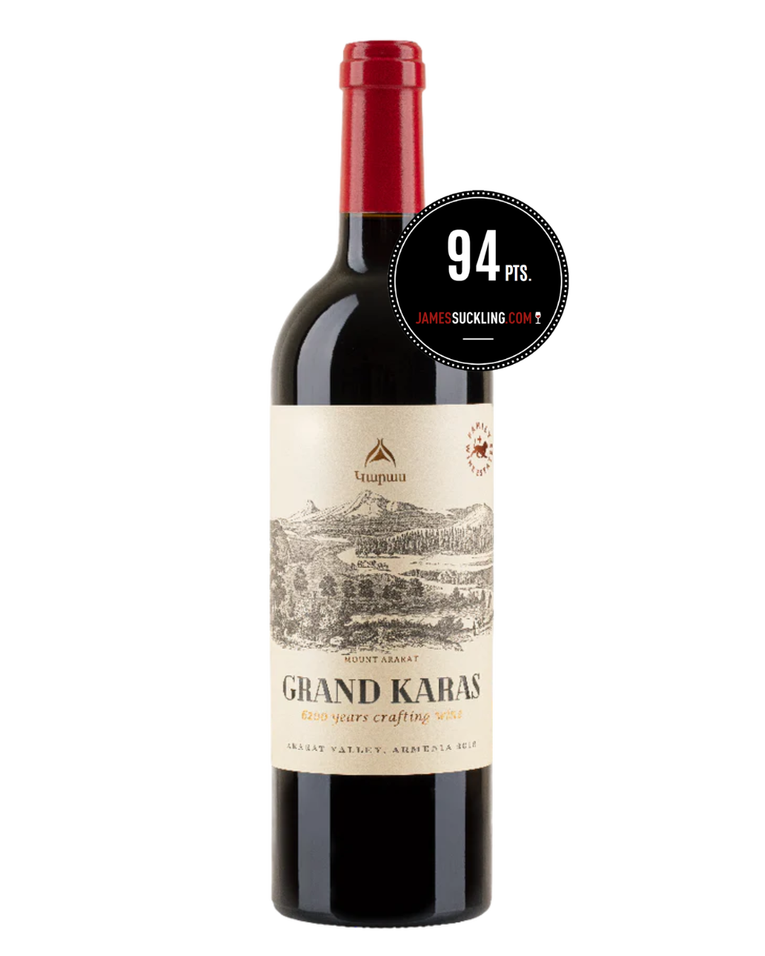 Karas Grand Reserve 2018 red wine bottle with red capsule and Ararat Valley label on white background.