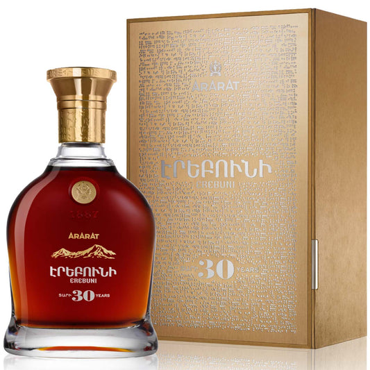 Bottle and box of ARARAT Erebuni 30-Year-Old Armenian brandy featuring luxurious gold packaging with ancient script design and embossed mountain emblem.