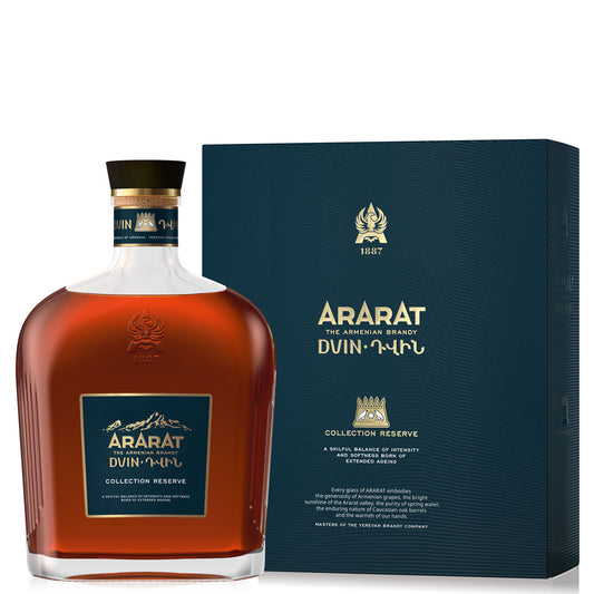 Bottle and box of ARARAT Dvin Collection Reserve Armenian brandy with dark teal and gold design featuring mountain and crown emblems.