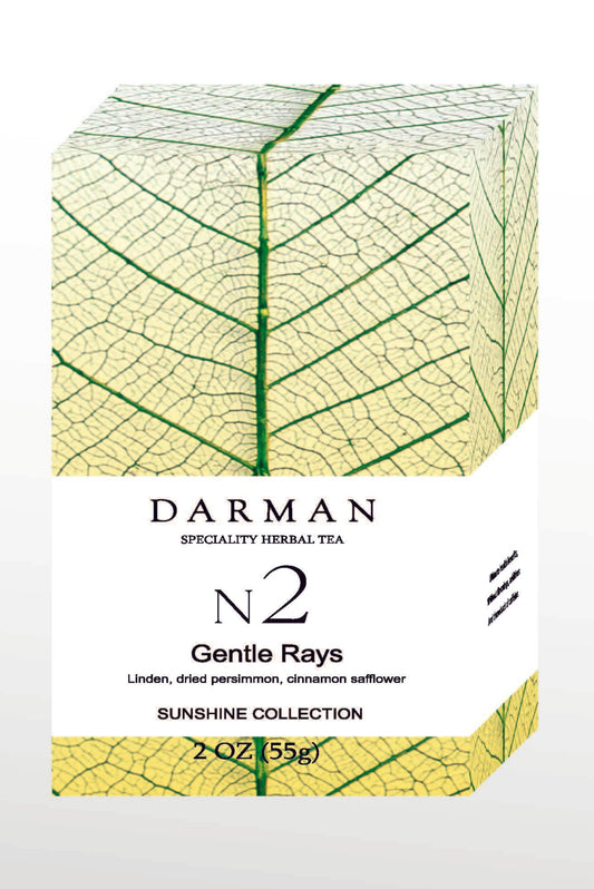 Darman Gentle Rays No.2 herbal tea box with leaf-patterned yellow packaging