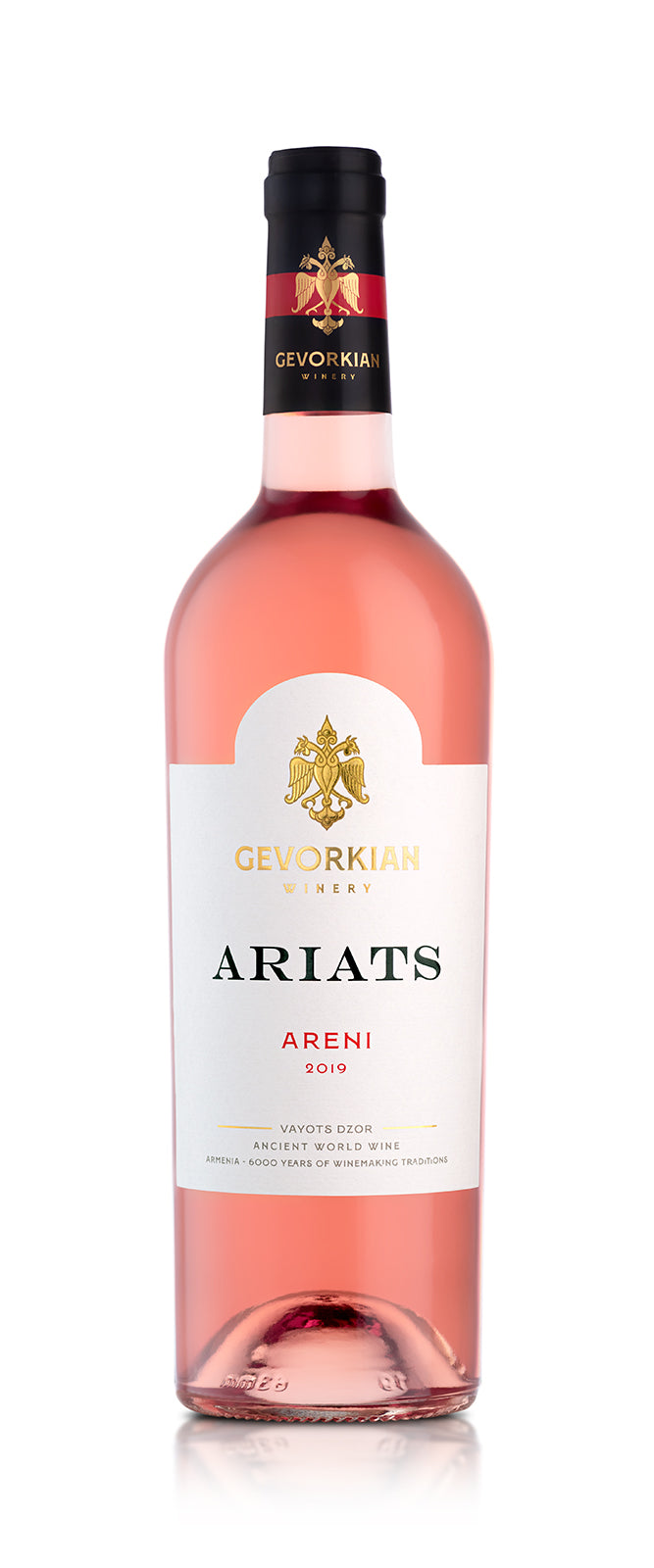 A bottle of Gevorkian Winery Ariats Areni Rosé 2019 with a bright pink hue and elegant gold-accented label featuring Armenian script and a twin-eagle emblem.
