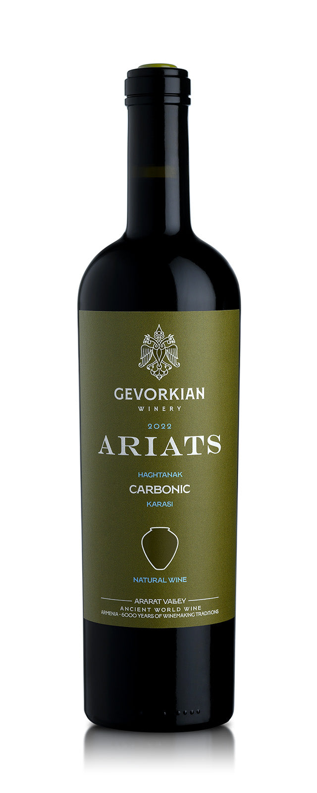Gevorkian Ariats Haghtanak Carbonic 2022 red wine bottle with olive green label and minimalist amphora illustration.