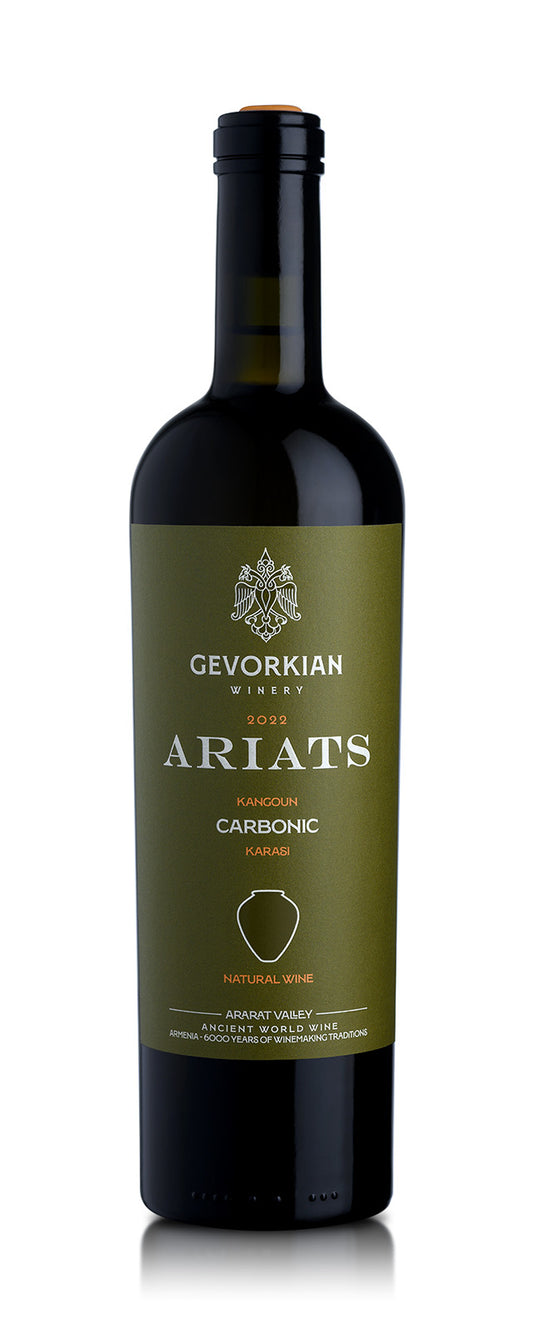 Gevorkian Ariats Carbonic Karasi Areni 2022 red wine bottle with olive green label and amphora icon, produced in Armenia’s Ararat Valley.
