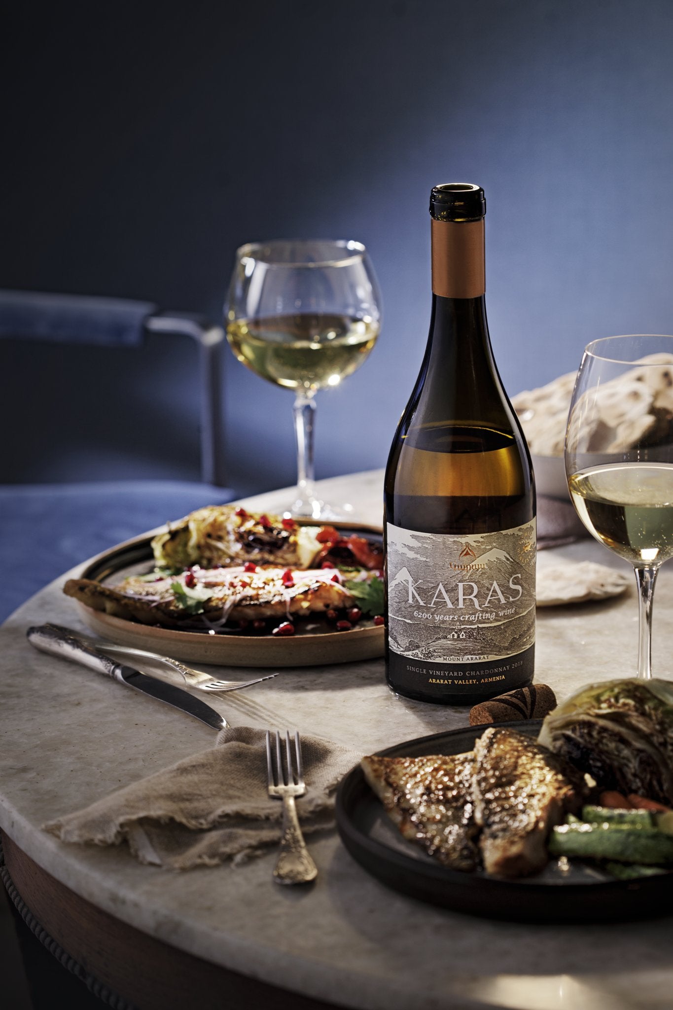 Karas Single Vineyard Chardonnay bottle with copper foil top and engraved Mount Ararat label.