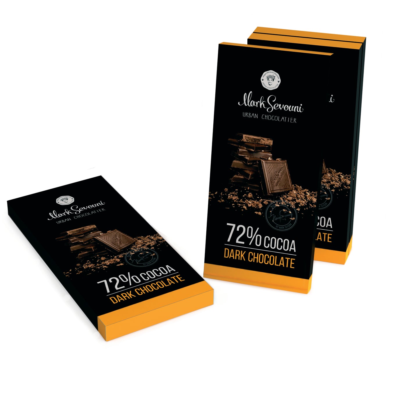 Mark Sevouni Urban Chocolatier 72% Dark Chocolate bars arranged upright and flat, featuring elegant matte black and orange packaging with embossed branding and scattered chocolate shavings.