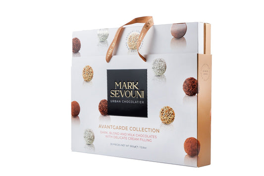 Mark Sevouni Avantgarde Collection 30-piece chocolate gift box with assorted cream-filled truffles in luxurious gold packaging.