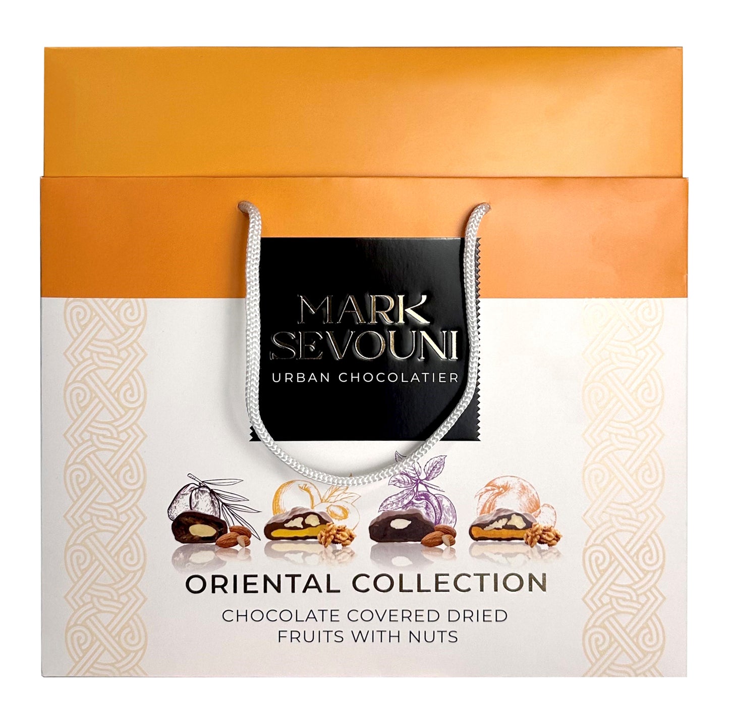 Mark Sevouni Oriental Collection gift box – chocolate-covered dried fruits with nuts in assorted wrapping, luxury confectionery packaging.