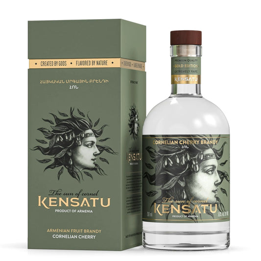 Kensatu Cornelian Cherry Fruit Brandy in 750 mL Gold Edition bottle, featuring premium Armenian label design and bold cherry distillate.