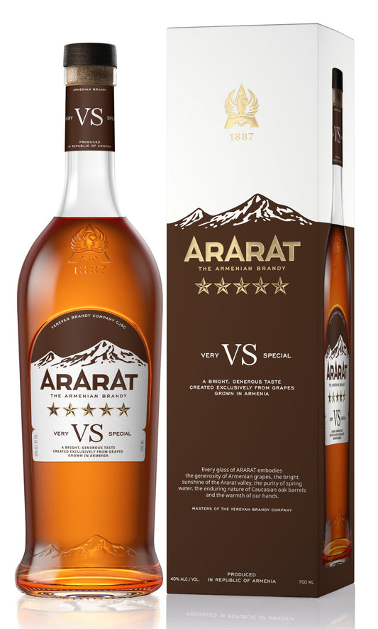 Ararat VS Armenian Brandy bottle with white and brown box, labeled Very Special and aged with five-star branding.