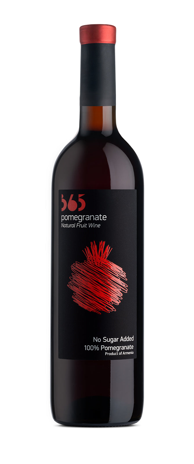 365 Pomegranate semi-sweet fruit wine bottle with black label and bold red abstract pomegranate illustration.