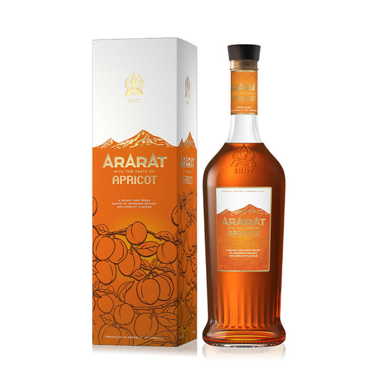 Bottle and box of ARARAT Apricot Armenian brandy featuring apricot illustrations and orange-white gradient packaging.