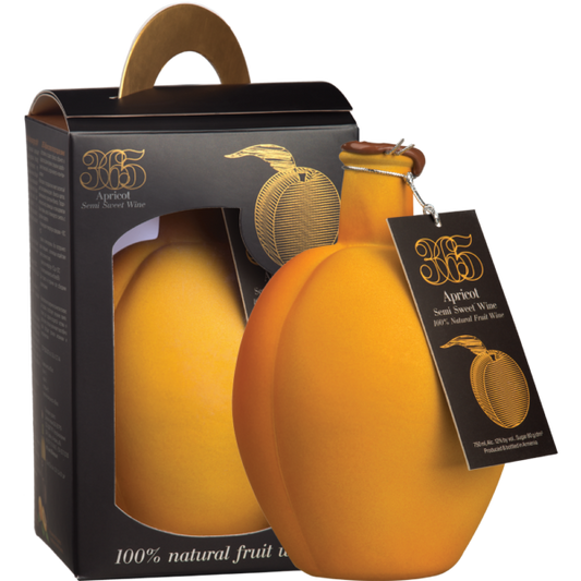 Studio image of 365 Apricot Semi-Sweet Wine in souvenir apricot-shaped bottle next to its black and gold retail packaging.