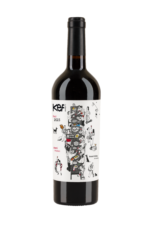 Bottle of KEF Red Wine 2022 from Karas Wines, featuring an illustrated label with a festive Armenian dining scene; made from Areni and Malbec grapes in the Ararat Valley.