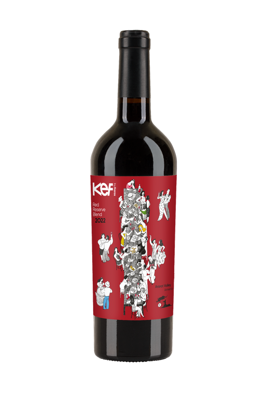 Bottle of KEF Reserve Blend 2022 by Karas Wines, featuring a bold red label with lively Armenian illustrations; blend of Haghtanak and Malbec.