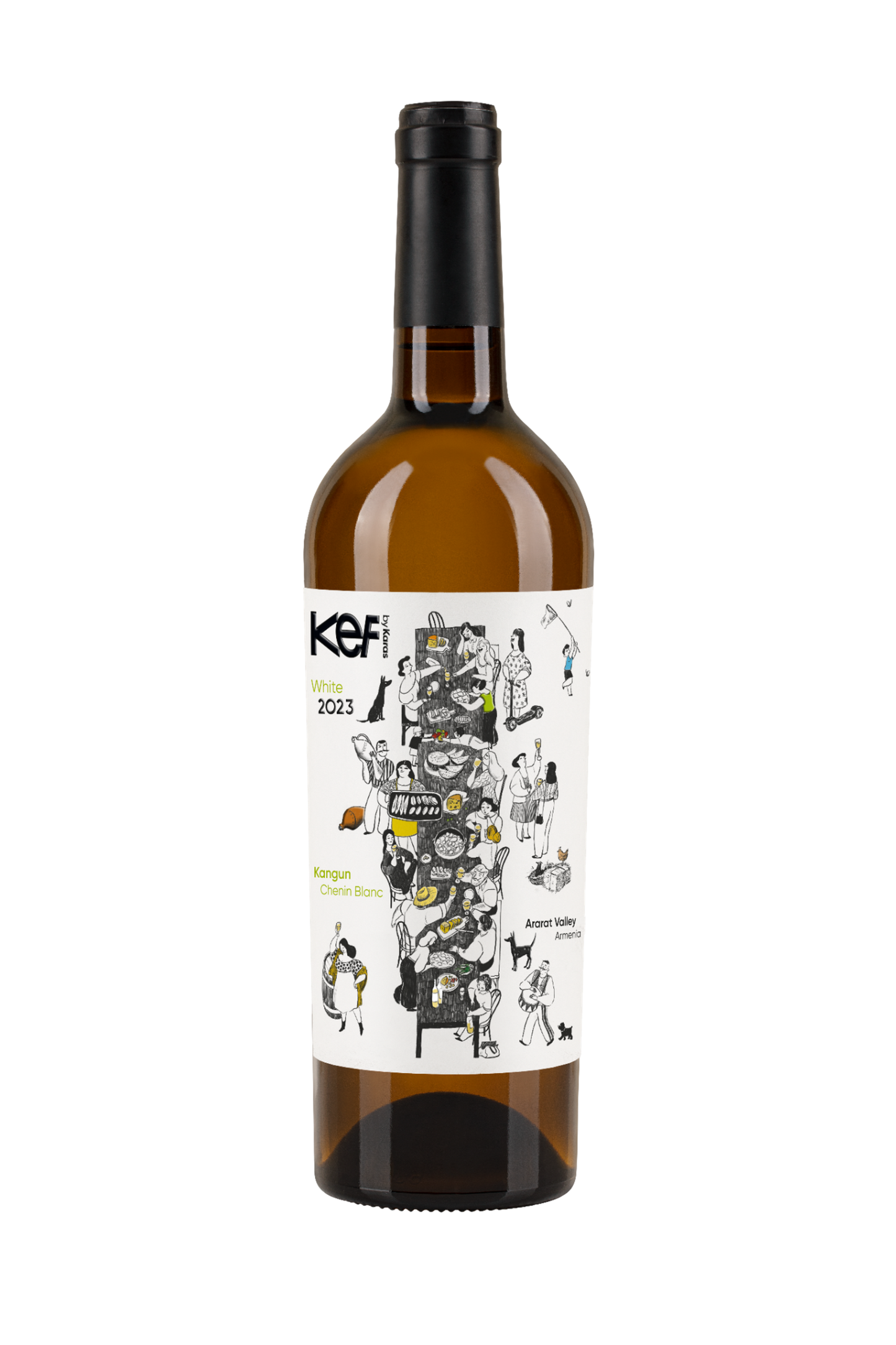 Bottle of KEF White Wine 2022 by Karas Wines, featuring an illustrated label with a festive Armenian food scene; made from Kangun and Chenin Blanc grapes.