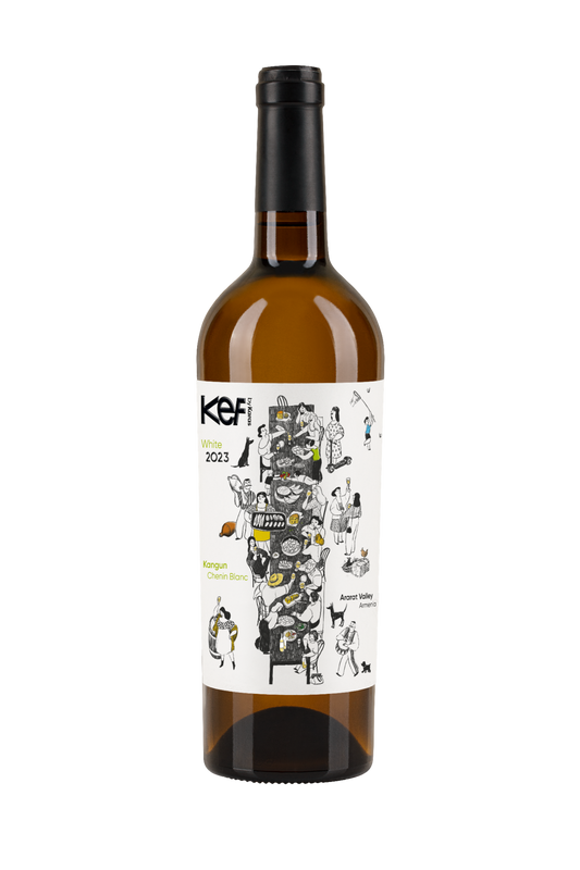 Bottle of KEF White Wine 2022 by Karas Wines, featuring an illustrated label with a festive Armenian food scene; made from Kangun and Chenin Blanc grapes.