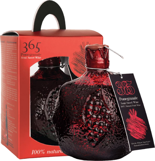 a semi-sweet fruit wine bottle with pomegranate relief, elegantly presented in a bright red package.
