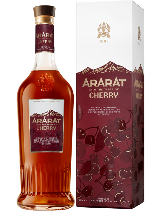 ARARAT Cherry Brandy – 700ml bottle with matching gift box, featuring a bold cherry flavor and elegant Armenian design.