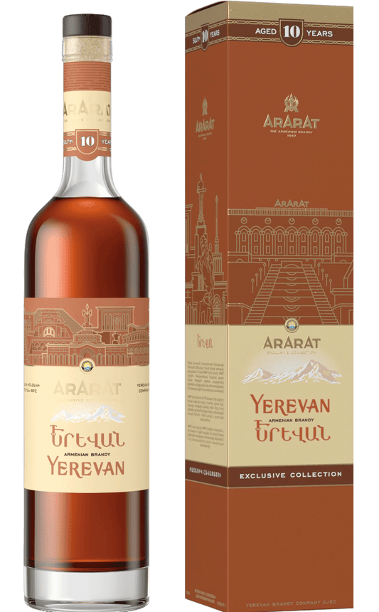 ARARAT Yerevan 10-Year-Old Armenian Brandy with gift box featuring illustrations of Yerevan landmarks