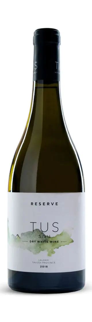 Bottle of TUS Reserve Dry White Wine 2018 made from Lalvari grapes in Tavush Province, Armenia, featuring a minimalist label with soft green watercolor design and black capsule.