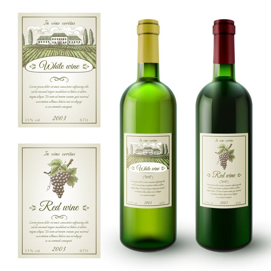 Two wine bottles standing side by side against a neutral background. 