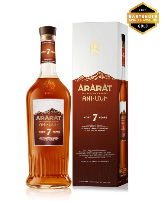 Ararat Ani 7 Year Armenian Brandy bottle with matching gift box, featuring gold mountain design and premium aged labeling.