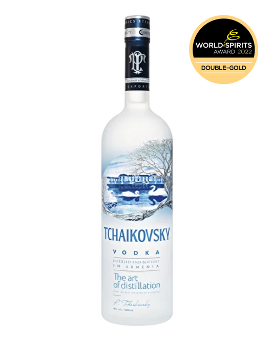 Tall 1-liter bottle of Tchaikovsky Vodka with clean label design and silver cap, representing ultra-pure Armenian vodka made from wheat and artesian water.