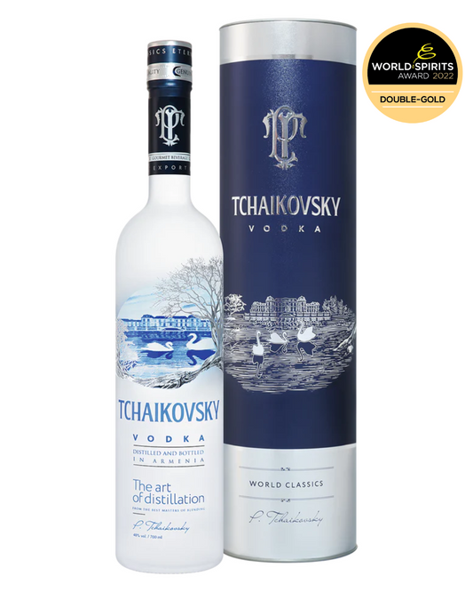 Tchaikovsky Vodka 700 mL bottle displayed inside a sleek cylindrical gift tube with silver and black design—ideal for gifting and premium presentation.