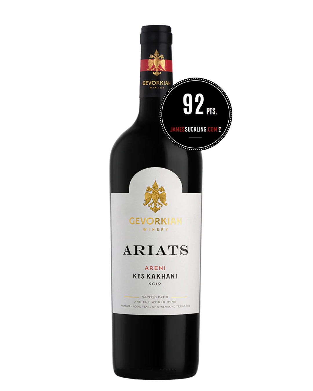 Gevorkian Ariats Kes Kakhani 2019 red wine bottle with white label on transparent background