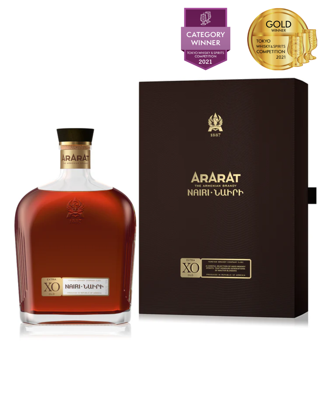 Ararat Nairi XO Armenian Brandy bottle with dark brown gift box, featuring premium gold detailing and elegant square decanter design.