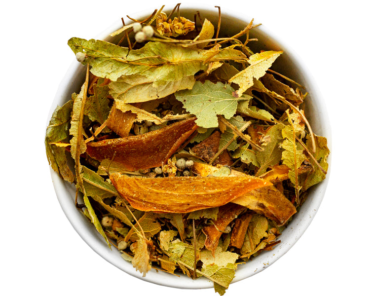 Loose leaf blend of Darman Gentle Rays herbal tea with linden, persimmon, and cinnamon
