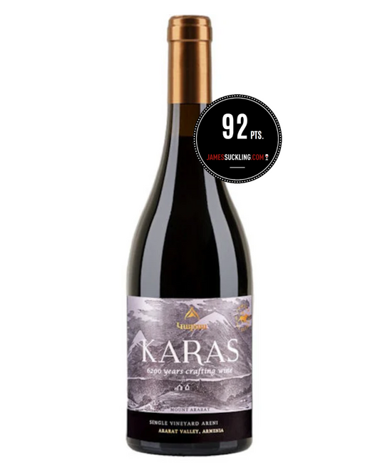 Karas Single Vineyard Areni 2021 wine bottle with copper top and Mount Ararat illustrated label.
