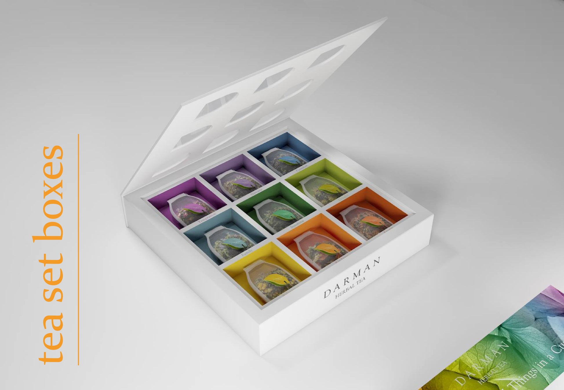 Box fully open, showcasing a neat grid of colorful compartments, each containing a unique tea bag with coordinated leaf tags and blends.