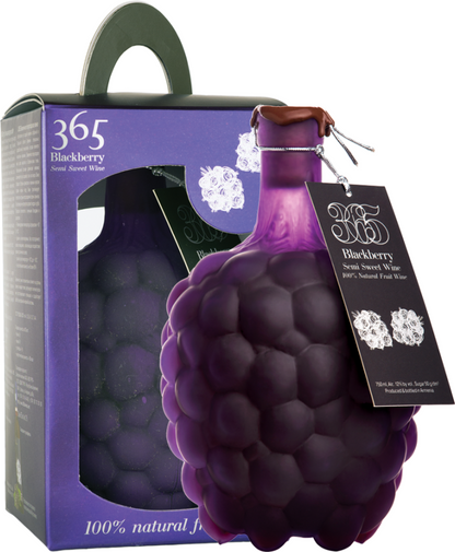 Gevorkian 365 Blackberry Wine souvenir bottle with branded gift packaging, featuring sculpted blackberry design.