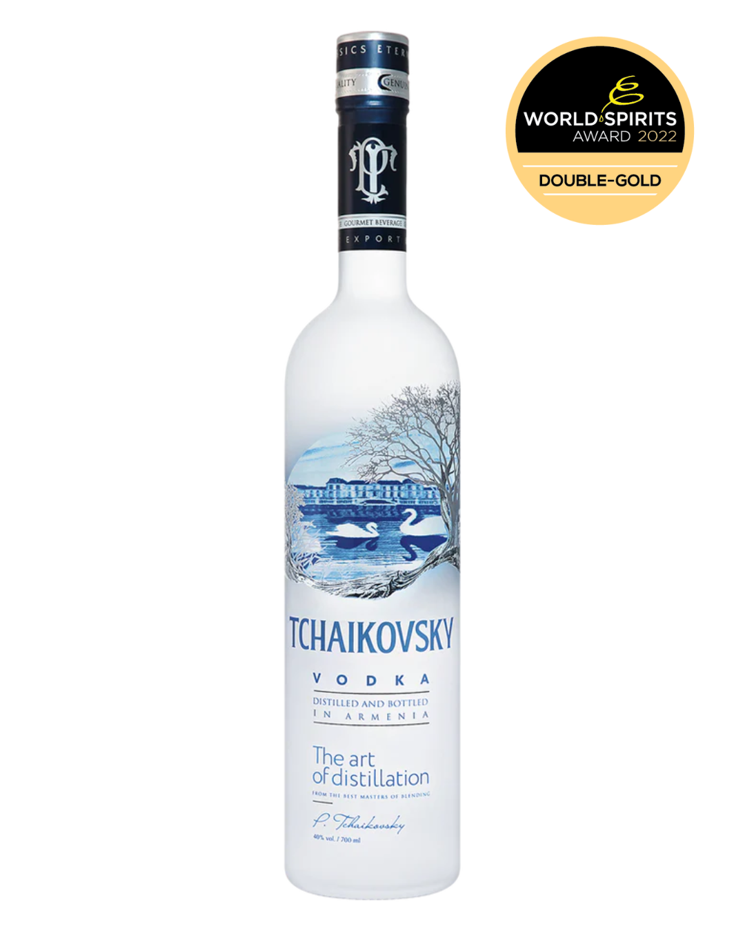 Clear glass bottle of Tchaikovsky Vodka, 700 mL, with minimalist label and silver cap, showcasing Armenian craftsmanship and premium purity.