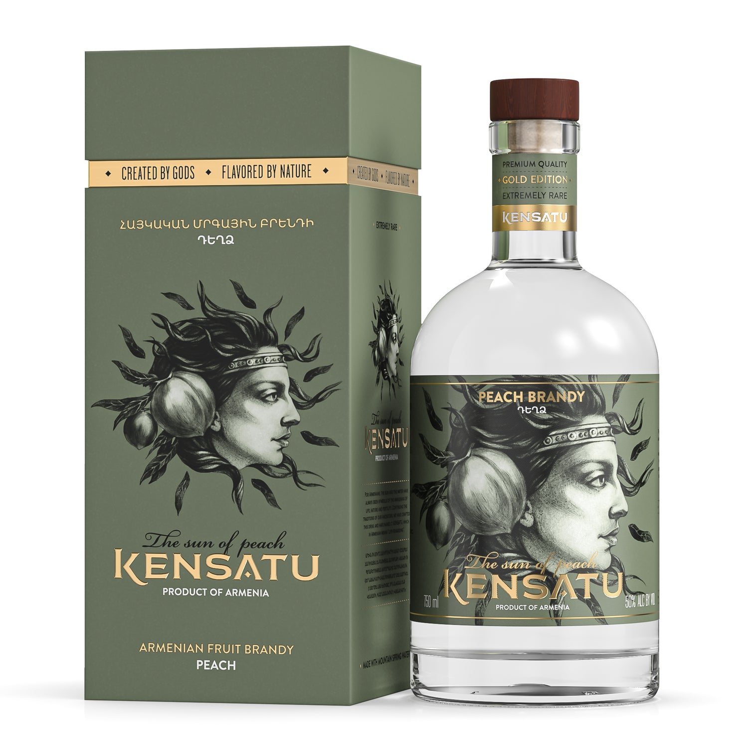 Kensatu Peach Fruit Brandy 750 mL bottle, Gold Edition, featuring elegant Armenian label and bold peach distillate.