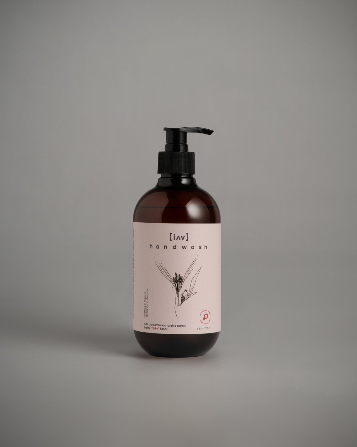 Brown bottle of LAV Hand Wash with chamomile and rosehip extract for gentle daily cleansing, 475ml