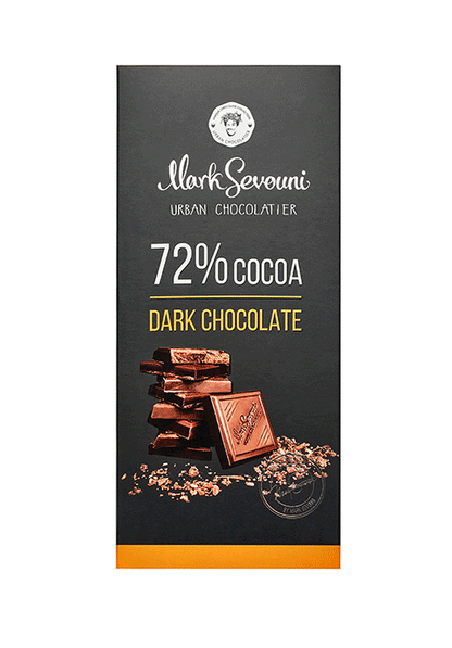 Mark Sevouni 72% cocoa dark chocolate bar – artisan chocolate with intense cocoa flavor, stacked on black packaging with golden accents.