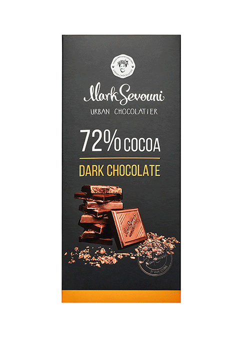 Mark Sevouni 72% cocoa dark chocolate bar – artisan chocolate with intense cocoa flavor, stacked on black packaging with golden accents.