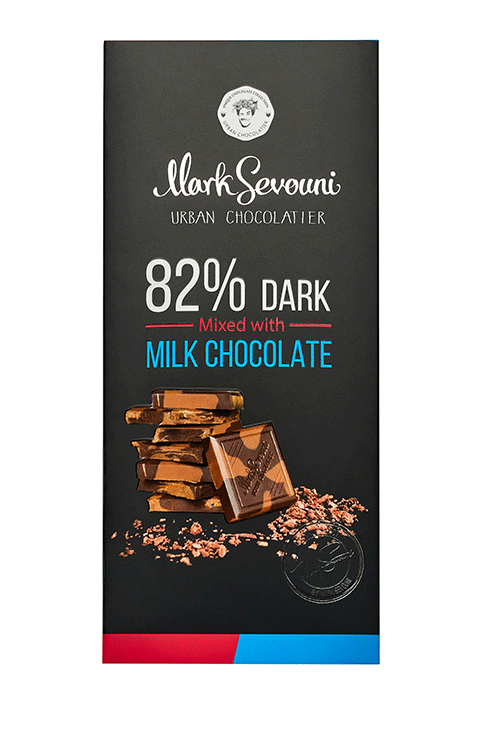 Mark Sevouni 82% dark chocolate bar mixed with milk chocolate – premium artisan blend with layered cocoa chunks on black packaging.