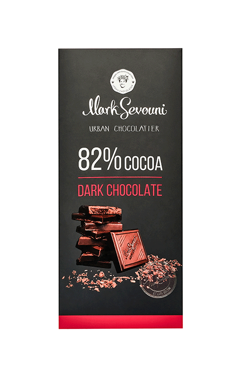 Mark Sevouni 82% cocoa dark chocolate bar – premium artisan chocolate with rich cocoa content, featured on sleek black packaging with bold red accents.