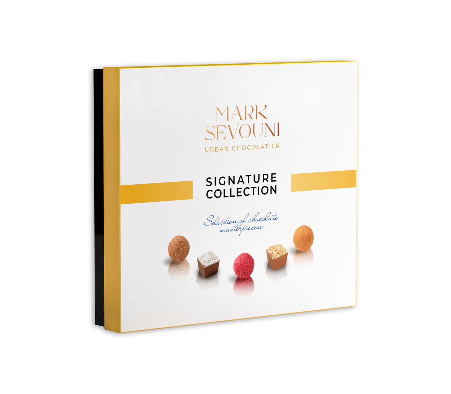 Mark Sevouni Signature Collection 240g chocolate box with assorted chocolates in gold-accented packaging