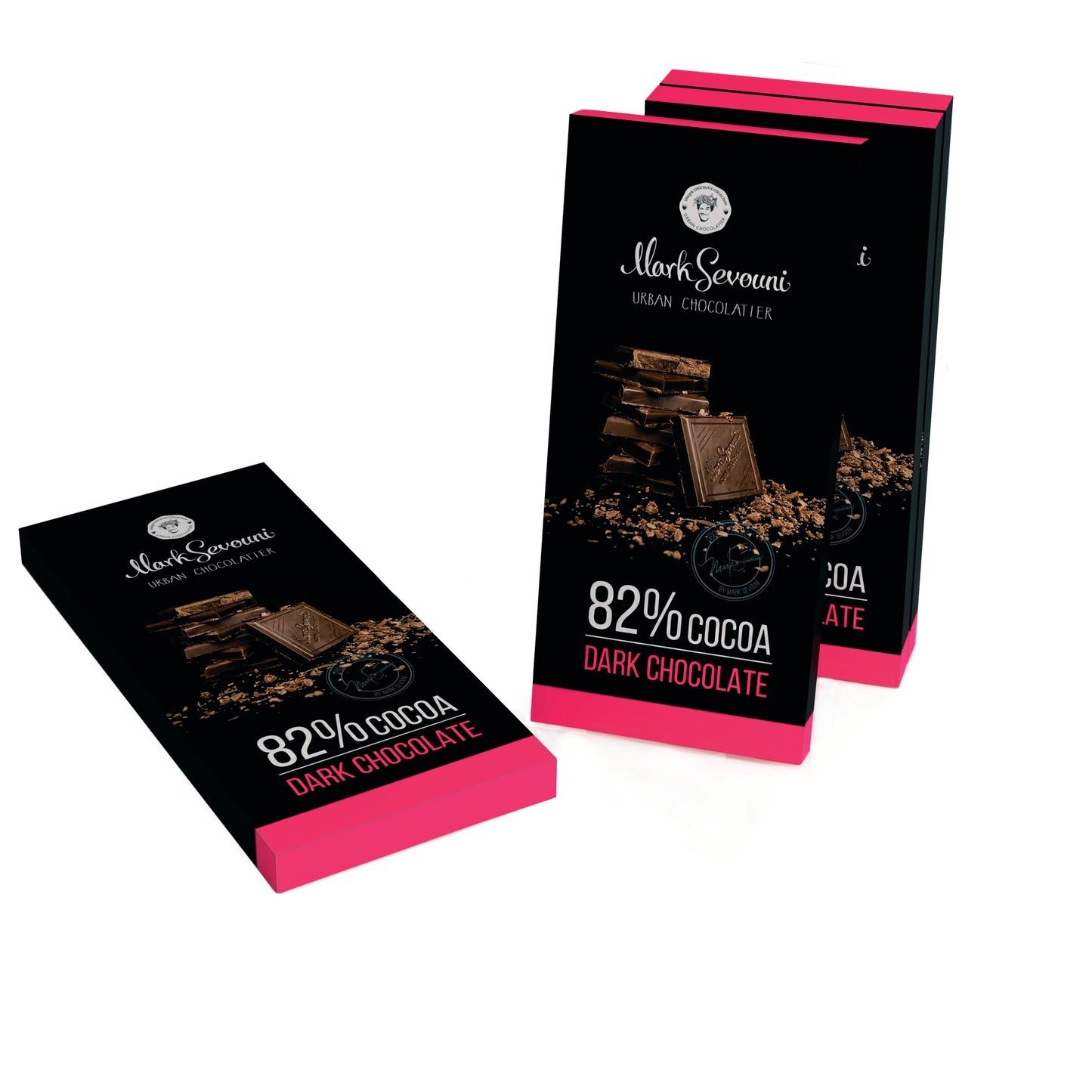 Render of three Mark Sevouni Urban Chocolatier 82% Cocoa Dark Chocolate bars, one lying flat and two upright. The sleek black and magenta packaging highlights the intensity of this premium dark chocolate.