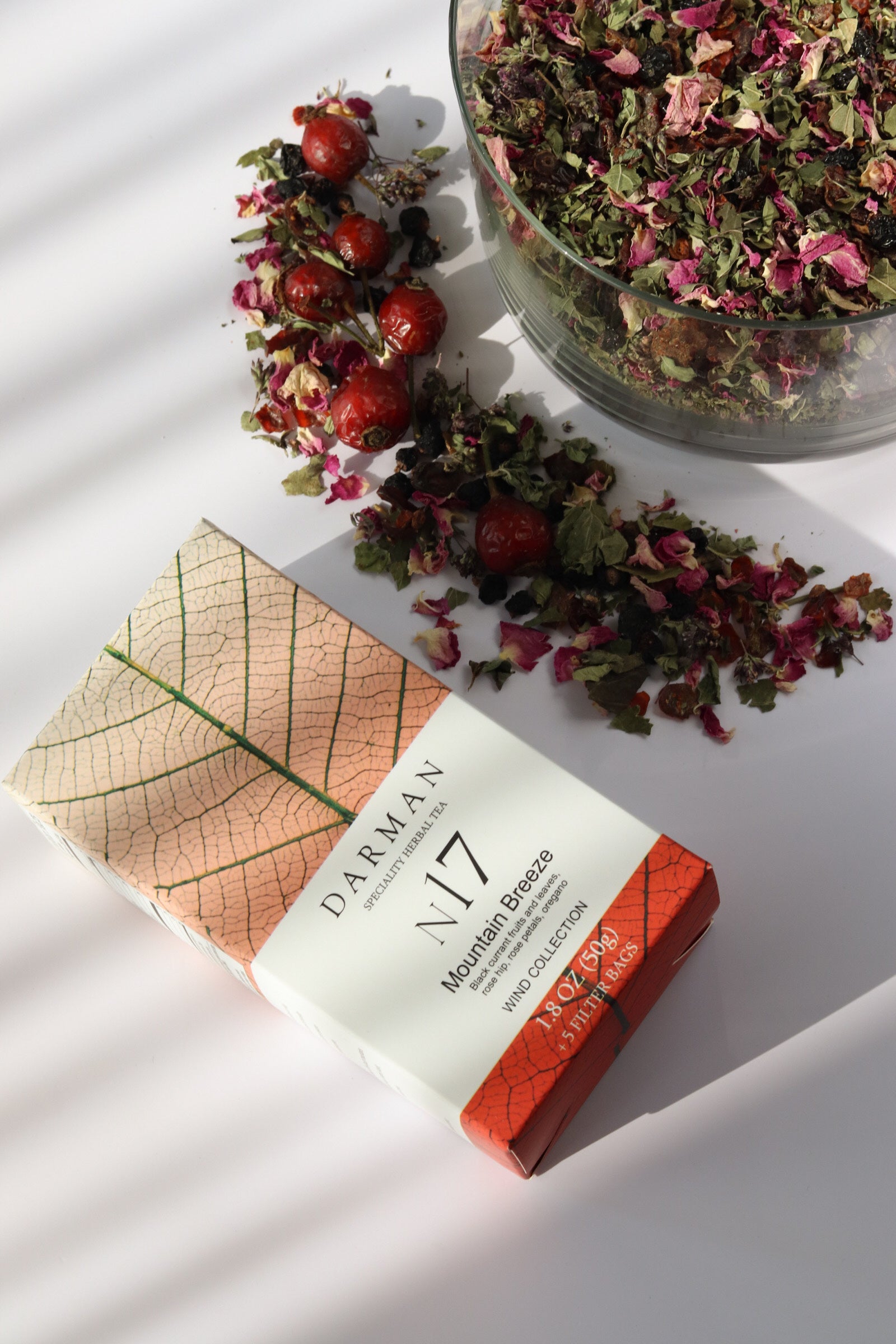 Darman Mountain Breeze No.17 herbal tea with dried flower blend and packaging